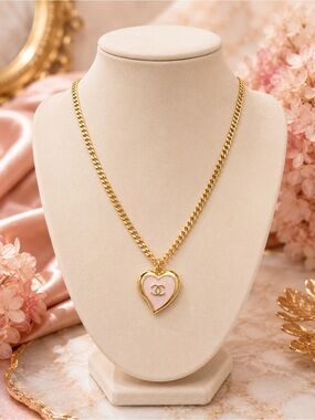 Hand-Assembled 18K Gold-Filled Pink Heart Pendant Curb Chain Necklace | 16”